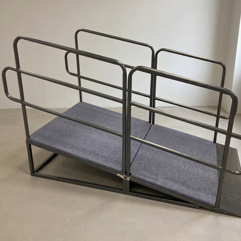 Ramp till fällbar scen med skyddsräcke på båda sidor och grå matta
